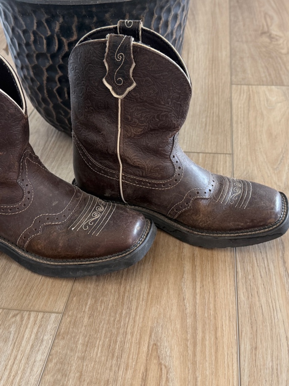 Justin Boots Dark Brown Western Work Boots with Embossed Stitching